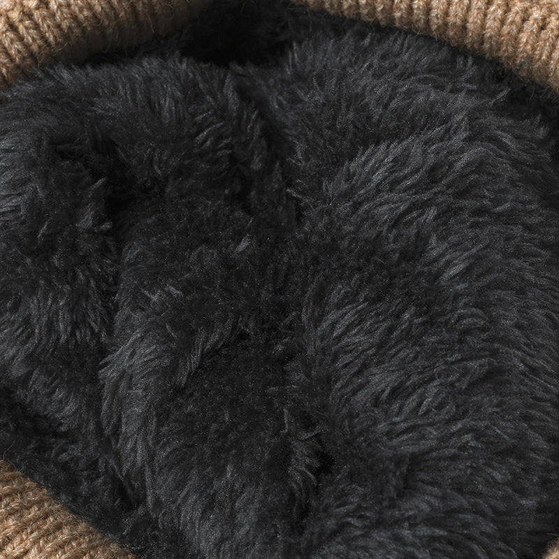 Navy faux fur-lined contrast patch knit beanie product view