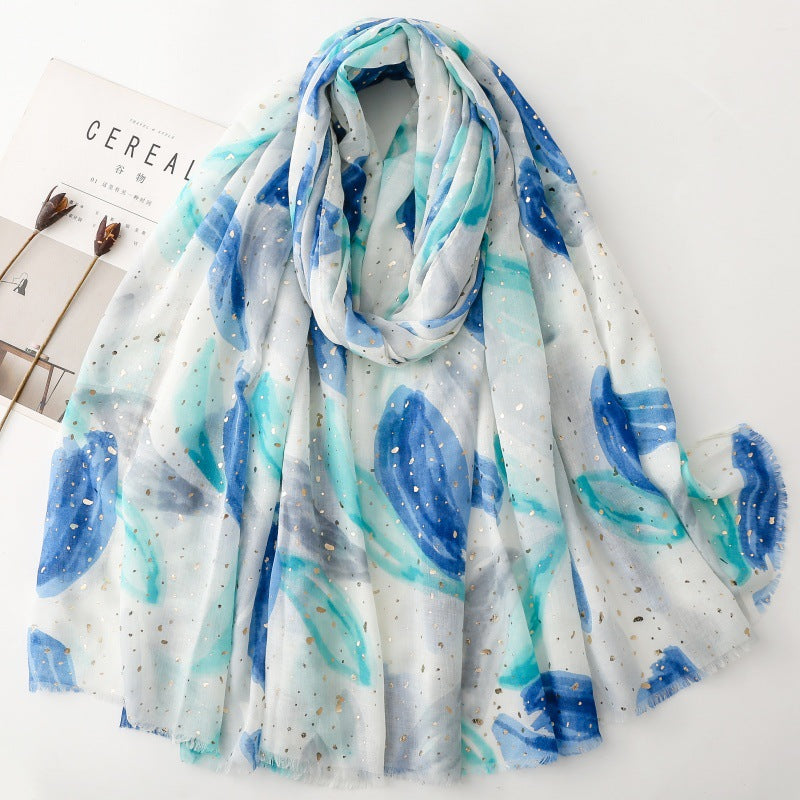 Blue abstract leaf foil wrap scarf product view