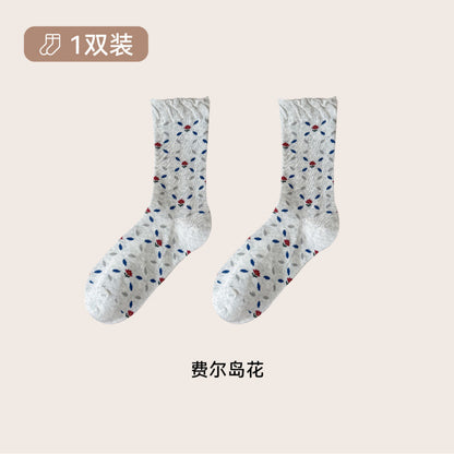 远润家秋冬新款麻灰碎花中筒女袜立体浮雕韩系花边无骨堆堆