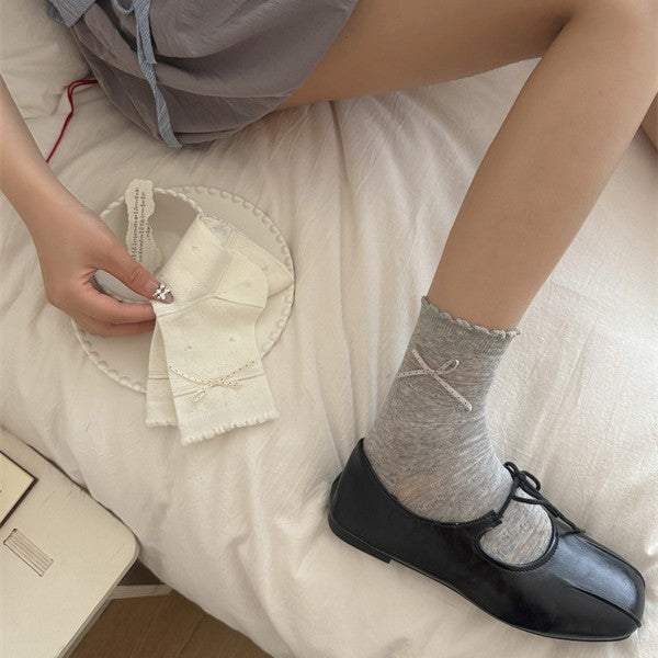 白色蝴蝶结袜子女春夏薄款甜美花边芭蕾风堆堆长袜无骨透气中筒袜