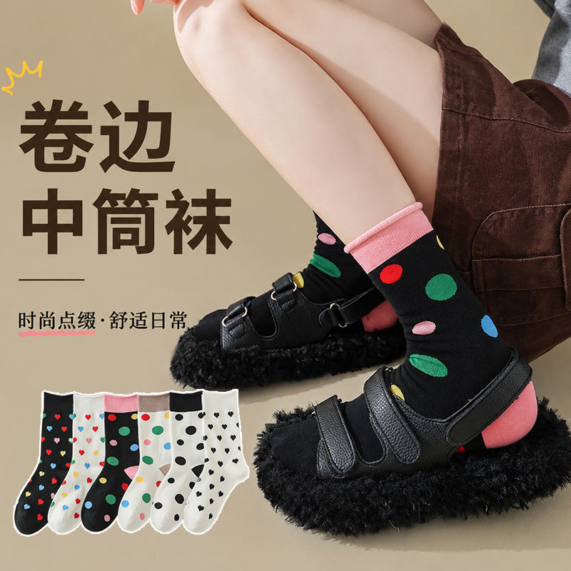 秋冬袜子女士爱心卷边无骨中筒袜圆点休闲舒适百搭潮流堆堆袜