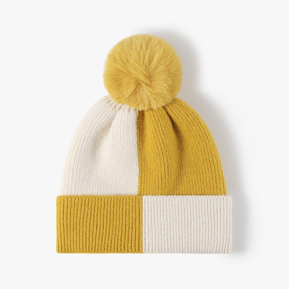 Yellow colorblock fleece-lined pom-pom beanie product view