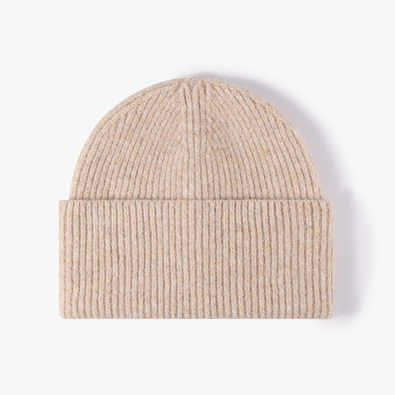 Beige fuzzy ribbed wide cuff knit beanie product view