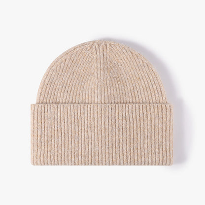 Beige fuzzy ribbed wide cuff knit beanie product view