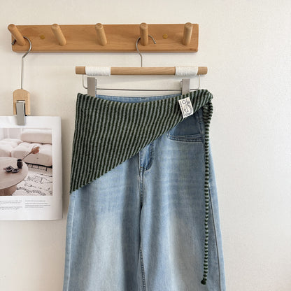 Product image for Scarvii - Striped Pointed-End Triangle Scarf (Dark Green)