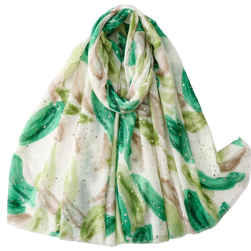 Green abstract leaf foil wrap scarf detail view