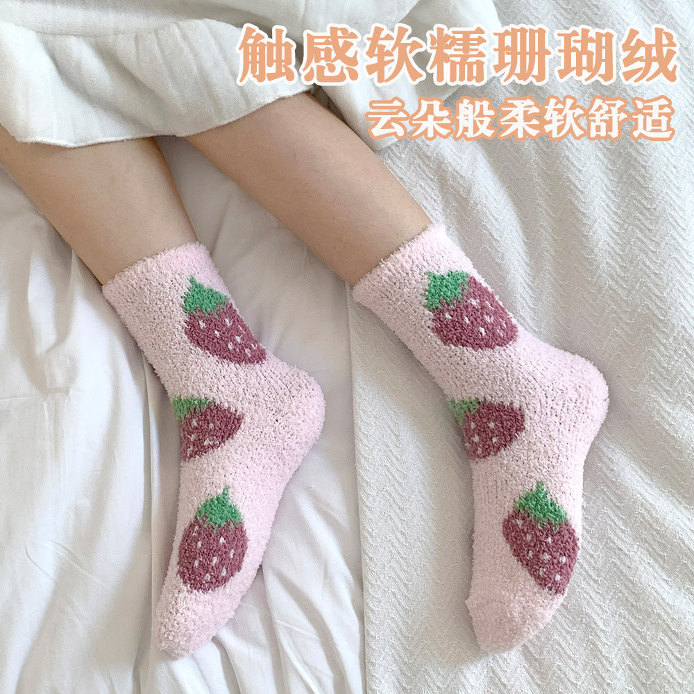 秋冬珊瑚绒袜子女加厚保暖水果中筒女袜加厚加绒居家月子睡眠袜