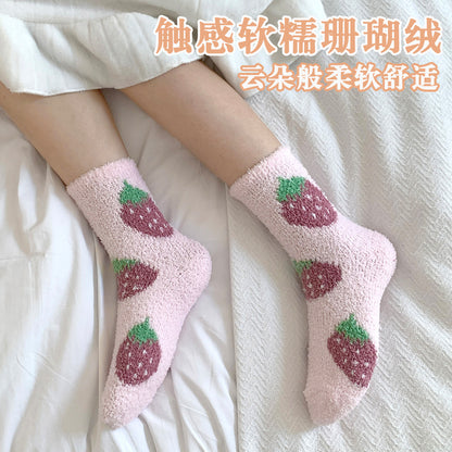 秋冬珊瑚绒袜子女加厚保暖水果中筒女袜加厚加绒居家月子睡眠袜