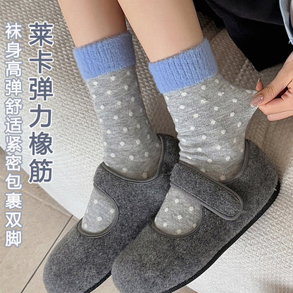 秋冬加厚袜子女暖绒袜保暖细腻中筒袜费尔岛条纹蝴蝶结百搭堆堆袜