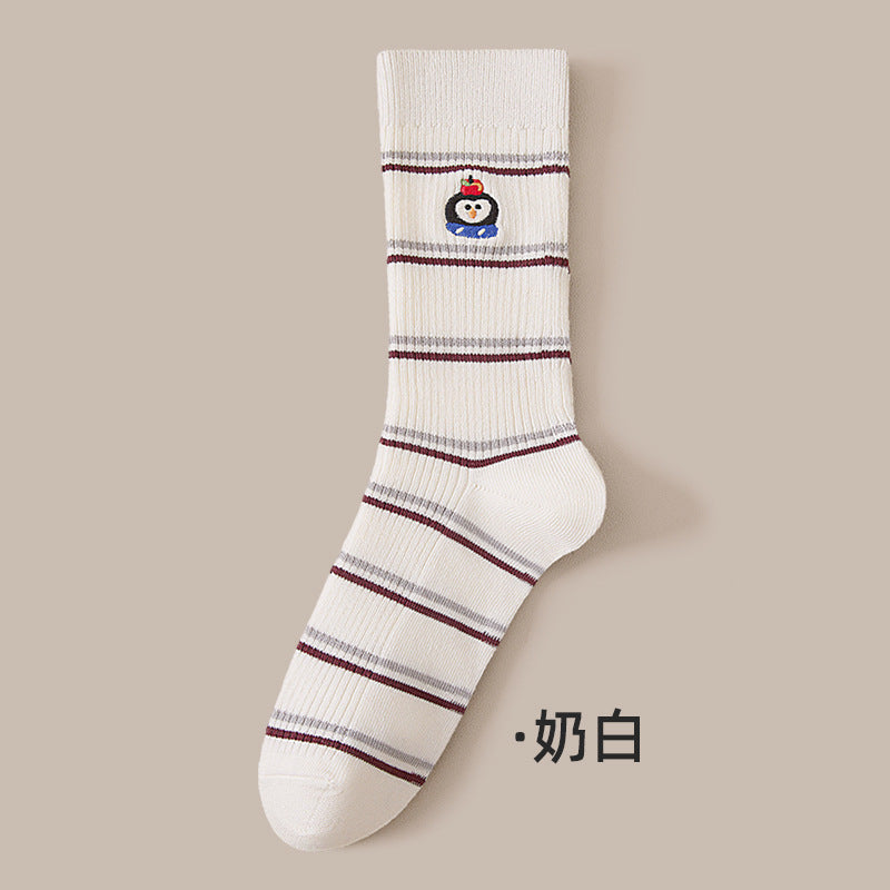 堆堆袜子女秋冬新款可爱卡通刺绣中筒袜百搭条纹双针无骨透气棉袜