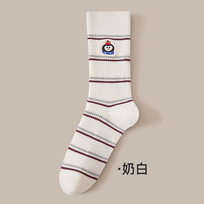 堆堆袜子女秋冬新款可爱卡通刺绣中筒袜百搭条纹双针无骨透气棉袜