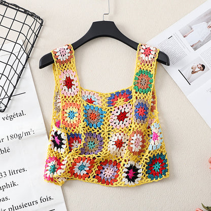 Close-up of neckline and straps on Crosa Boho Crochet Camisole Tank Top
