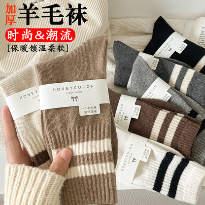 条纹袜子女秋冬羊毛袜加厚保暖堆堆袜学院风堆堆袜中筒袜地板袜
