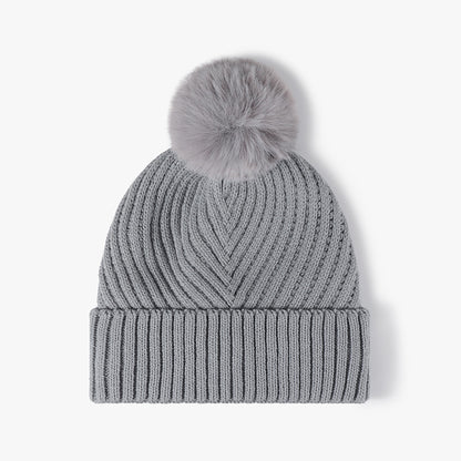 Blue Gray pom-pom faux fur-lined cuffed knit beanie product view