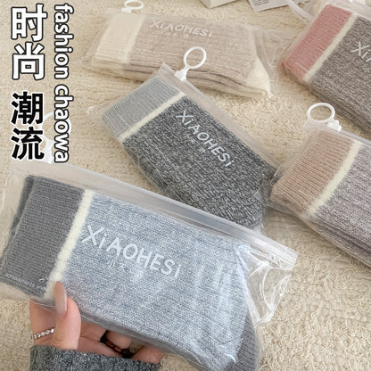 羊毛袜加厚保暖中筒袜子女秋冬季撞色中筒堆堆袜地板袜百搭