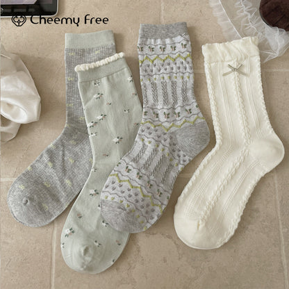 远润家秋冬新款复古森系肌理中筒袜子女百搭花边无骨堆堆袜