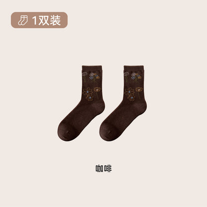 CHEEMYFREE复古色线描花卉羊毛百搭中筒袜子女韩系小花保暖堆堆袜