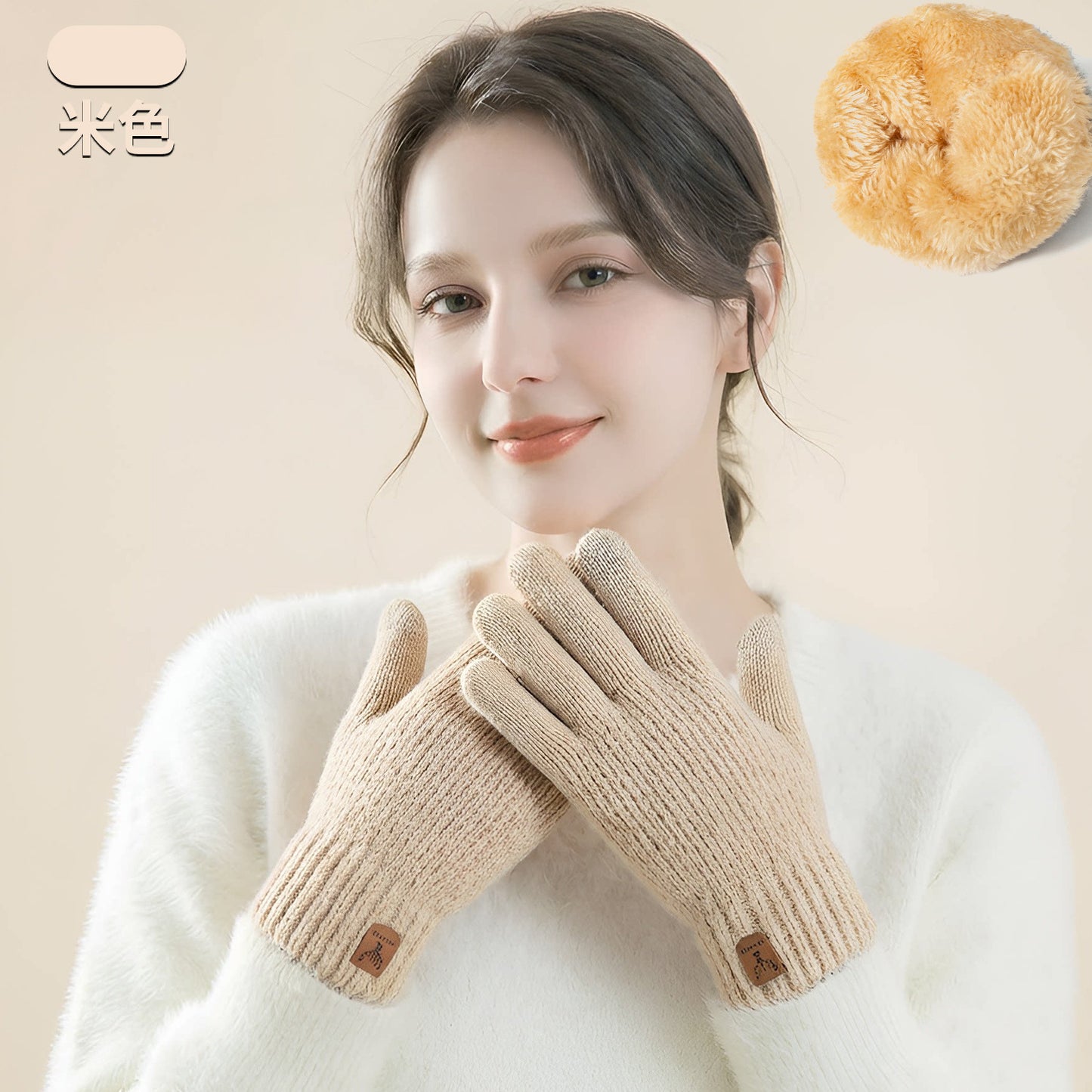 新款触屏手套冬季女士针织手套防寒双层加绒加厚户外骑行保暖手套