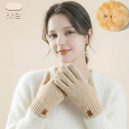 新款触屏手套冬季女士针织手套防寒双层加绒加厚户外骑行保暖手套