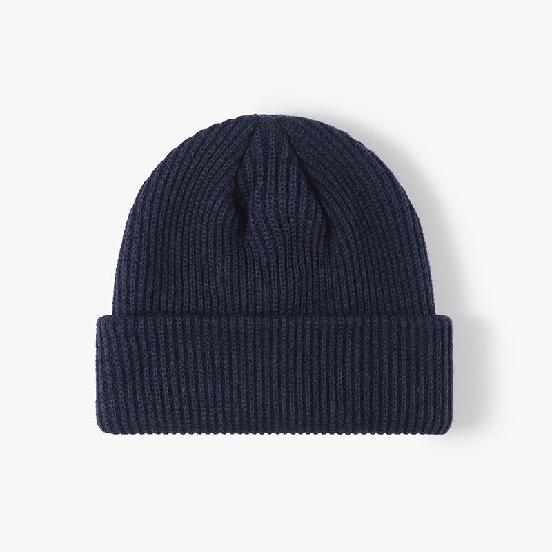 Navy solid ribbed cuffed acrylic knit beanie product view