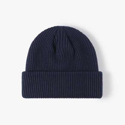 Navy solid ribbed cuffed acrylic knit beanie product view