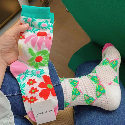 袜子女夏季新款韩版ins创意时尚花朵蝴蝶个性百搭网眼透气中筒袜