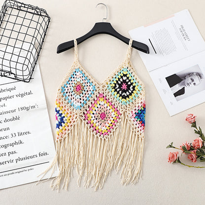 Crosa Bohemian Crochet Camisole Tank Top hanging with visible crochet details