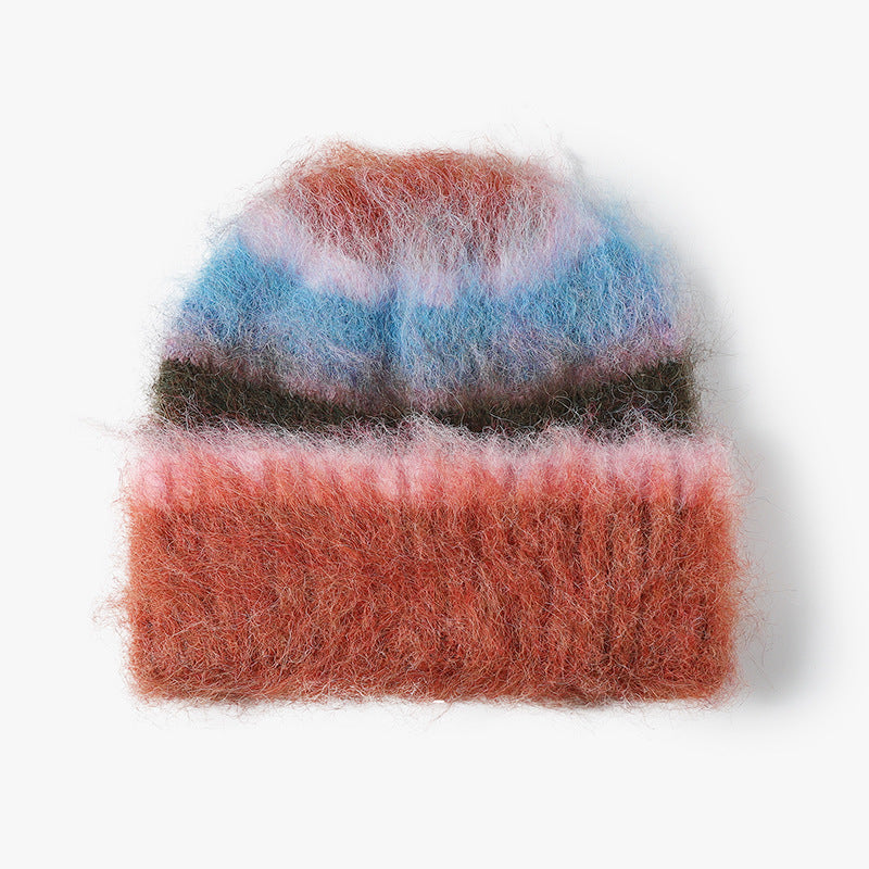 Multicolor fuzzy multicolor striped cuffed beanie product view