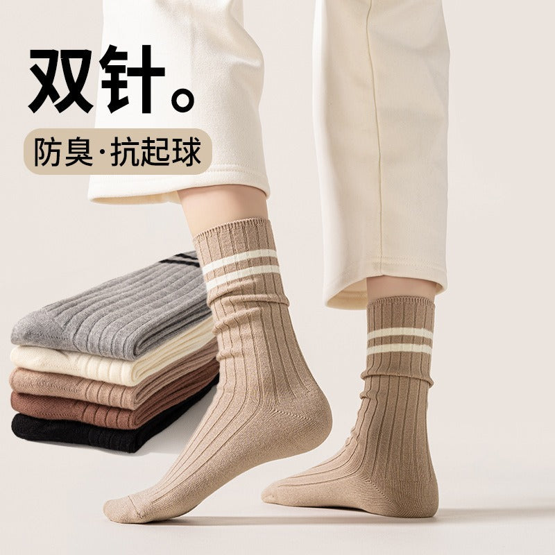 羊绒袜女秋冬季中筒加绒加厚保暖日系纯色粗条冬天羊绒堆堆长袜