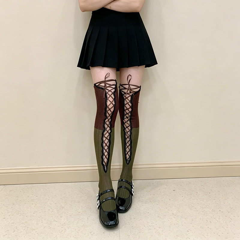 Product image for Rufia - Color-Blocked Panels Over-The-Knee Socks (Brown / Green)