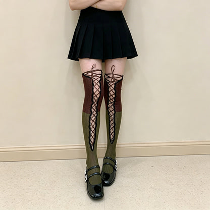 Product image for Rufia - Color-Blocked Panels Over-The-Knee Socks (Brown / Green)