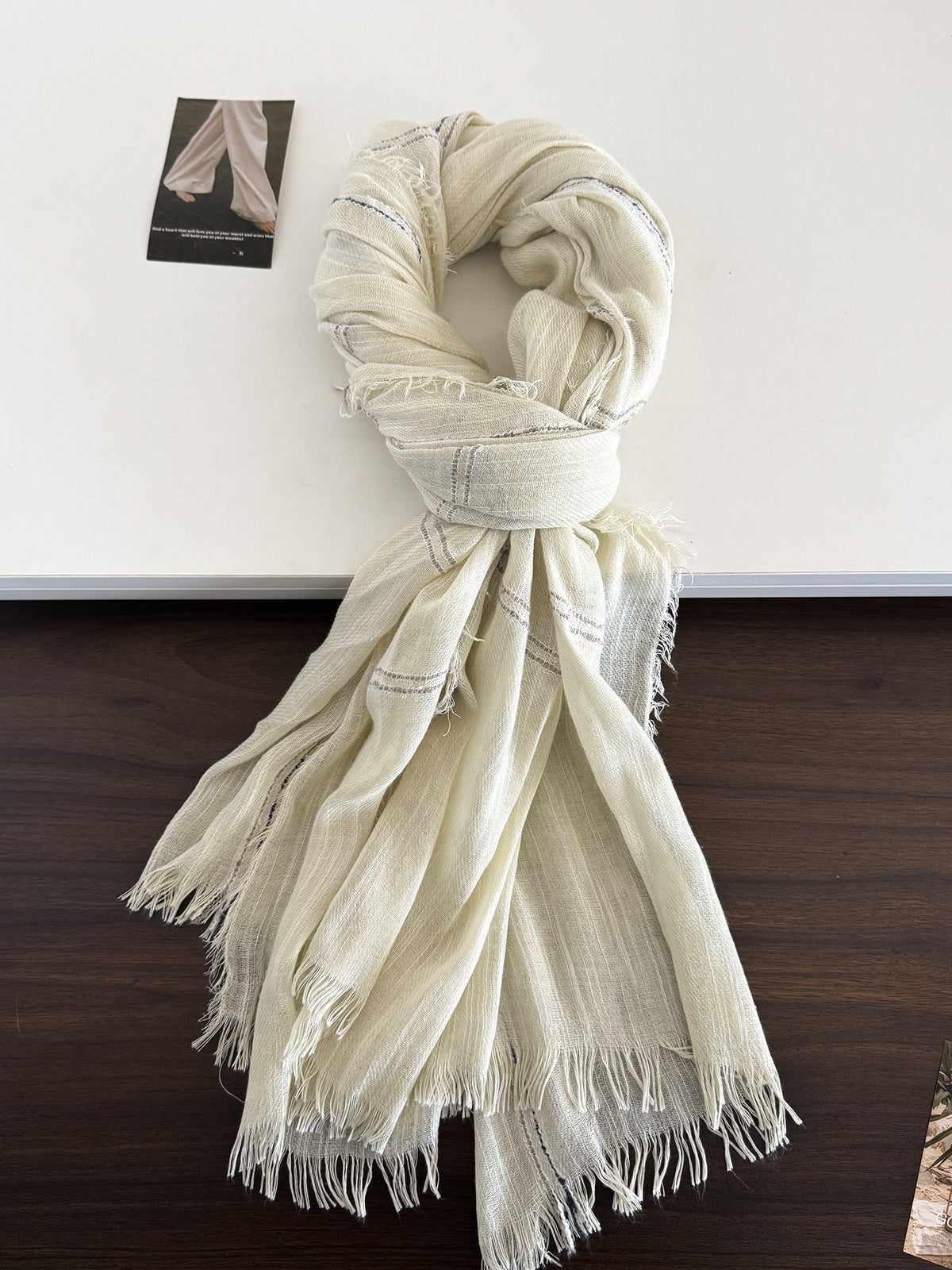 Product image for Scarvii - Gauzy Openwork Stripe Fringed Scarf (Ivory)