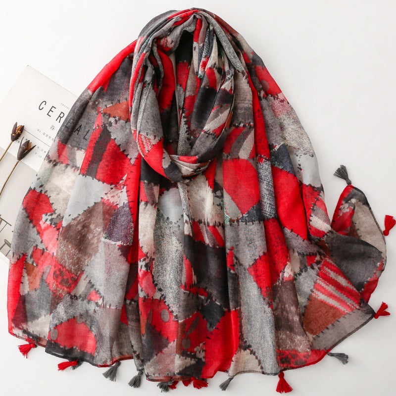 Mosaic Red Gray Geometric Mosaic Tassel Scarf, draped front view