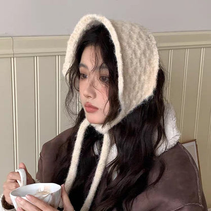 ins菠萝纹耳套针织保暖护耳绑带帽子毛线百搭秋冬耳罩两用小围巾