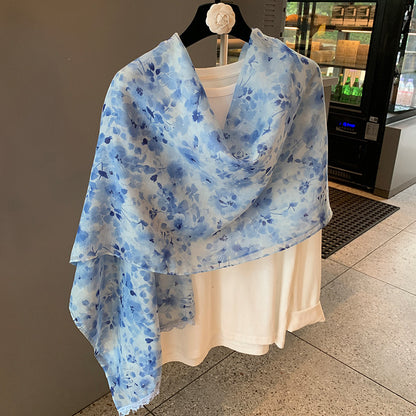Scarvii - Sheer Watercolor Floral Lace-Trim Scarf