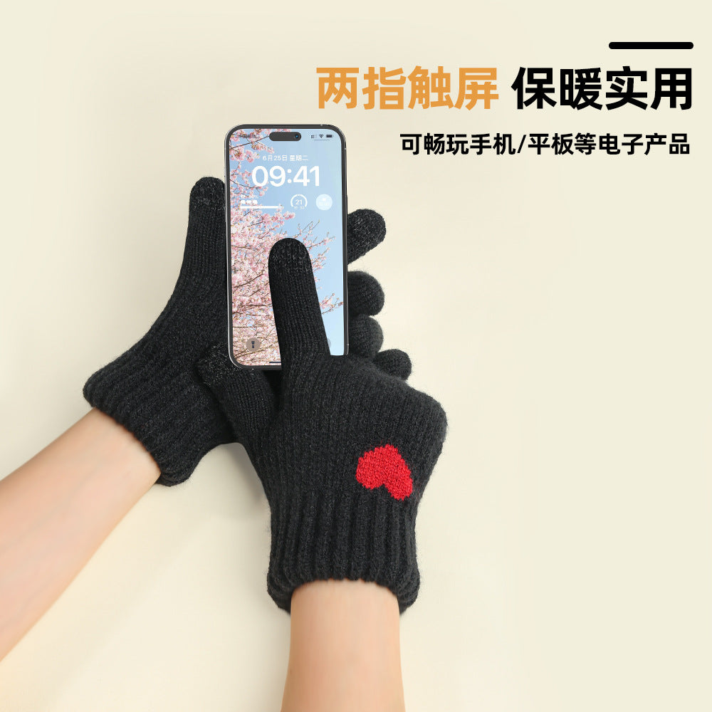 冬季女士提花针织手套触屏保暖防寒双层圣诞风成人韩版韩式可防滑