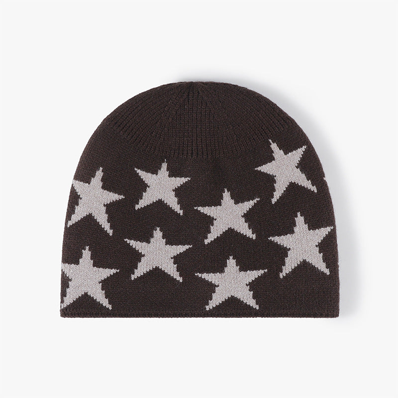 Brown star jacquard fleece-lined knit beanie product view