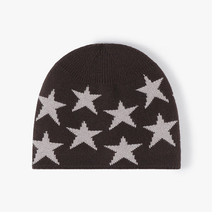 Brown star jacquard fleece-lined knit beanie product view