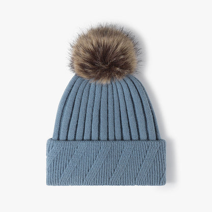 Blue Gray faux fur-lined pom-pom textured knit beanie product view