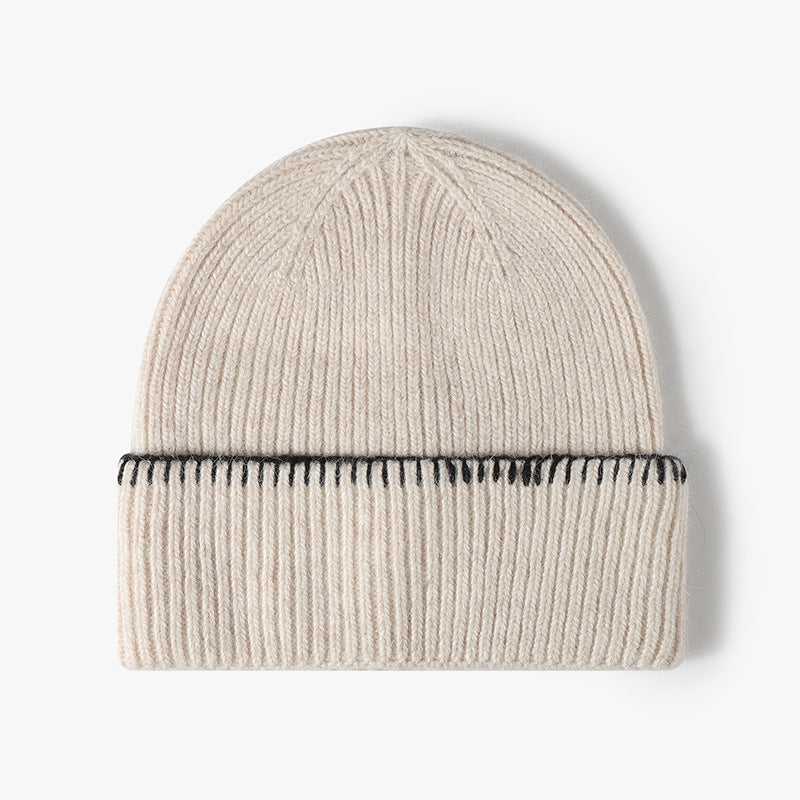 Beige contrast-stitch cuffed knit beanie product view