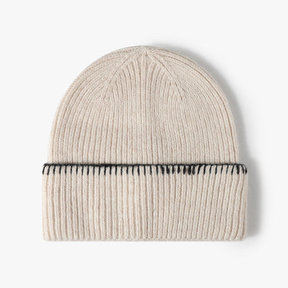 Beige contrast-stitch cuffed knit beanie product view