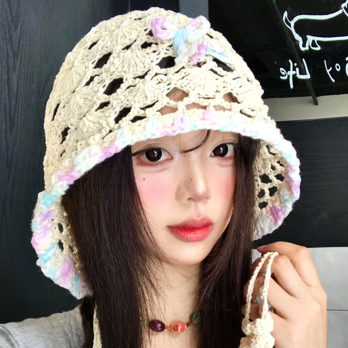 手工编织蝴蝶结流苏镂空包头帽女夏季薄款显脸小哲针织套头帽子
