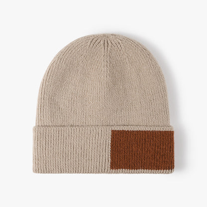 Beige faux fur-lined contrast patch knit beanie product view