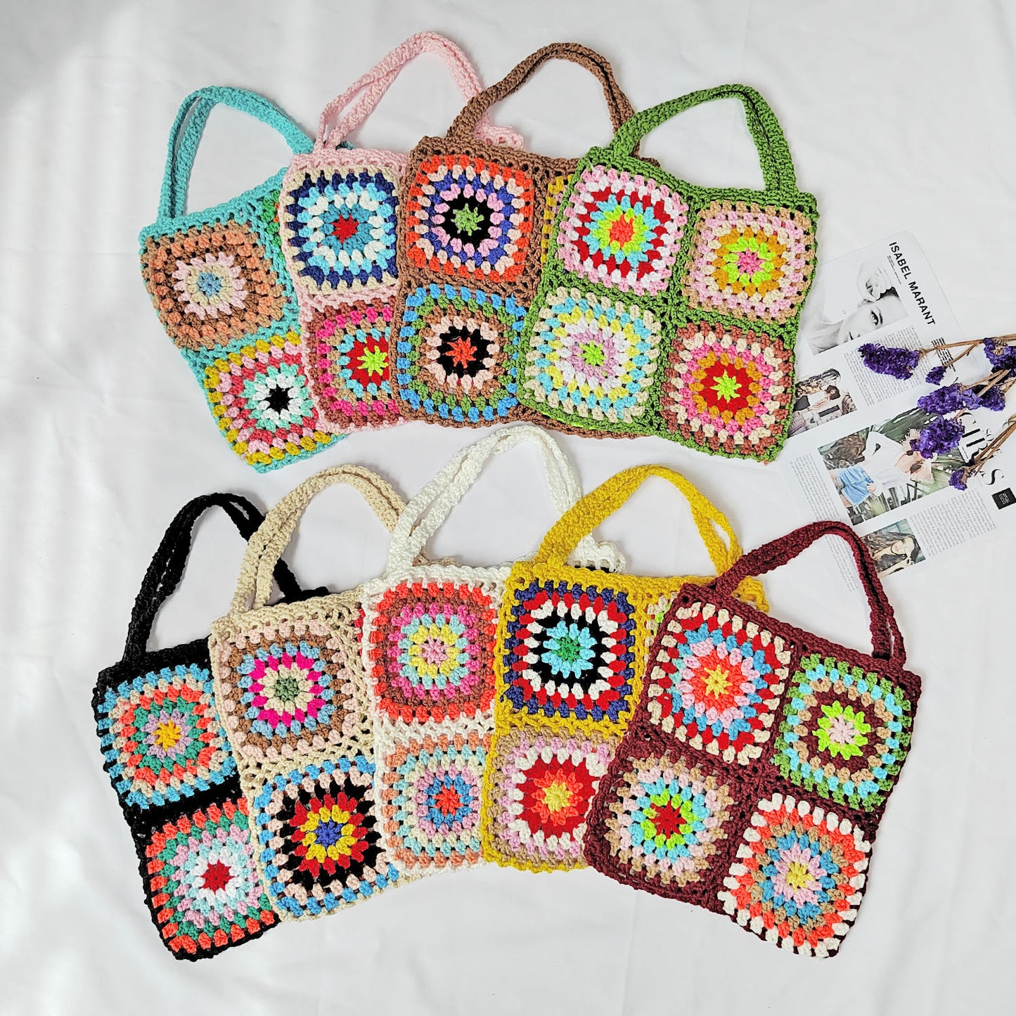 Bohemian Hand-Crocheted Color Block Tote Bag