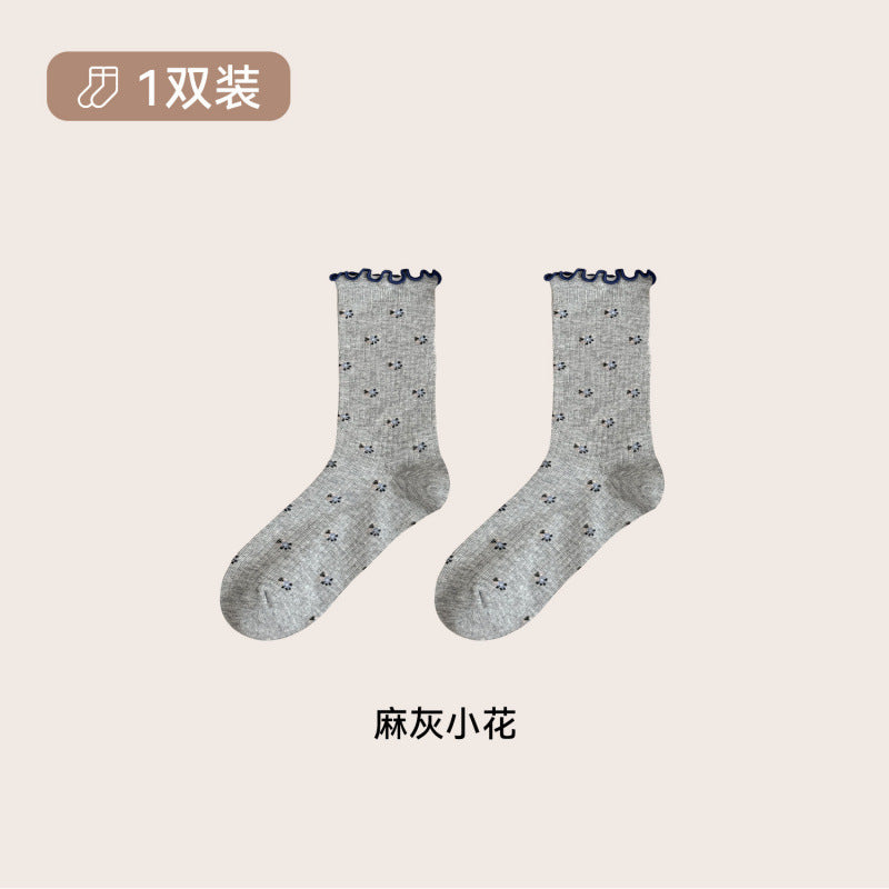 远润家秋冬韩系海盐蓝木耳花边中筒女袜复古百搭无骨堆堆棉袜