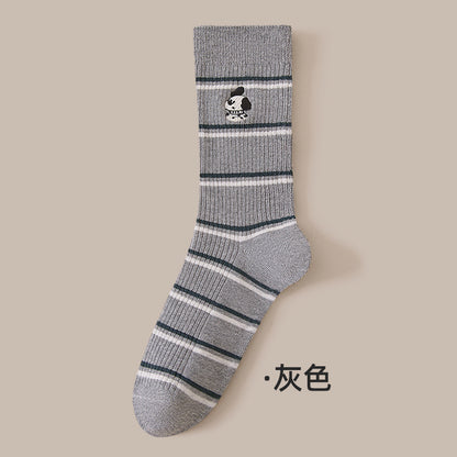 堆堆袜子女秋冬新款可爱卡通刺绣中筒袜百搭条纹双针无骨透气棉袜