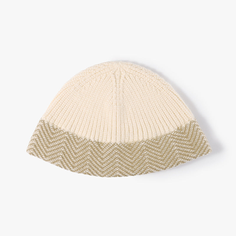 Cream herringbone cuff textured knit beanie product view