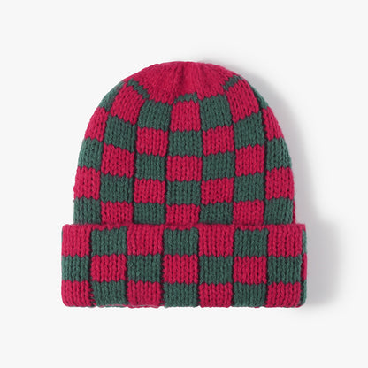 Red Green checkerboard knit cuffed beanie