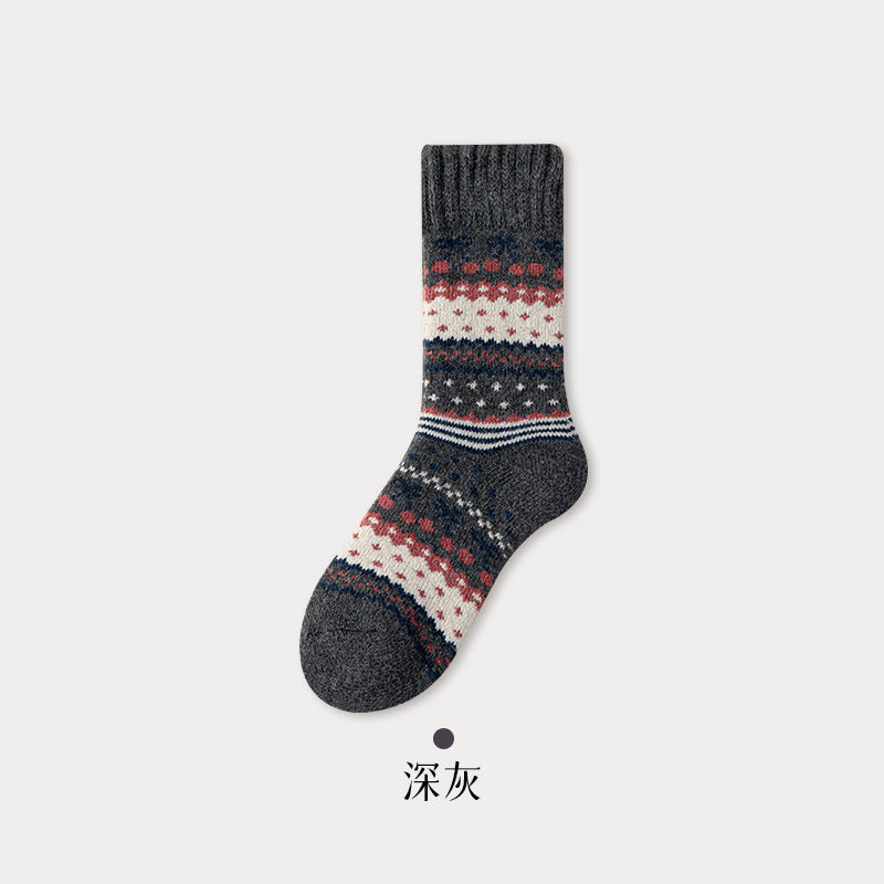 冬季超厚羊毛袜子女复古民族风蝴蝶结中筒袜降温保暖毛圈雪地袜