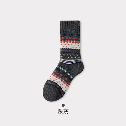 冬季超厚羊毛袜子女复古民族风蝴蝶结中筒袜降温保暖毛圈雪地袜